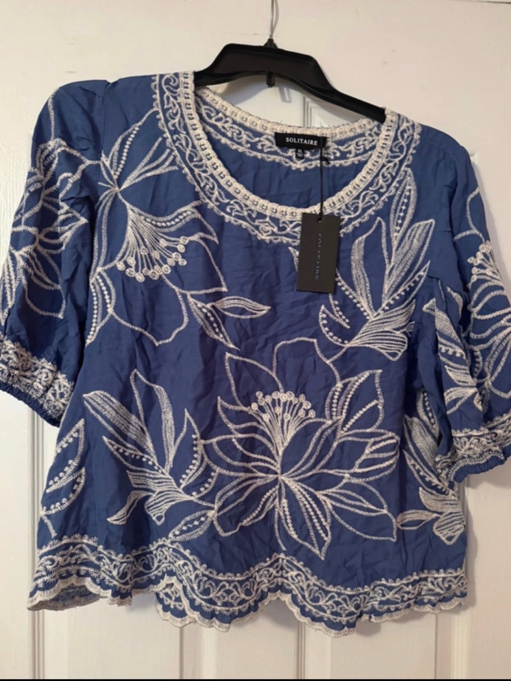 Solitaire Navy-Blue Floral Embroidered Peasant Blouse